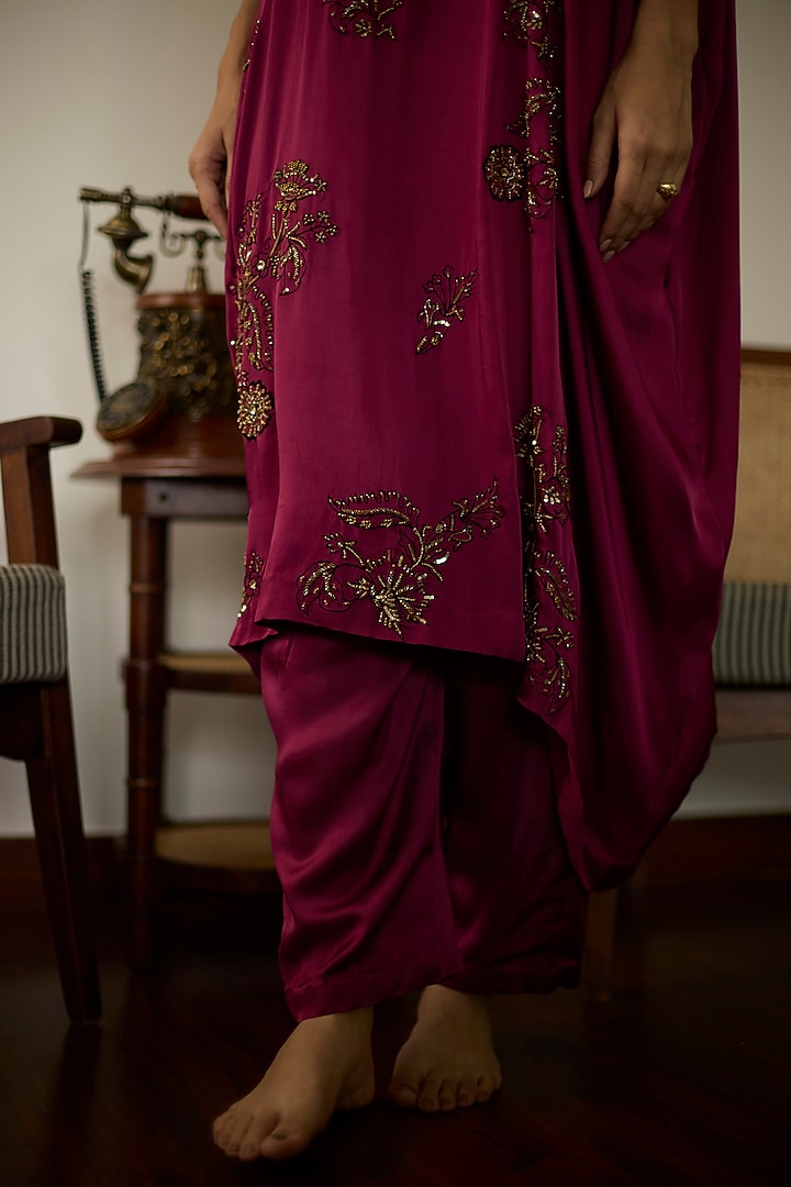 Pink Satin Georgette Hand Embroidered Kaftan Set by Sarang Kaur at Pernia's Pop Up Shop