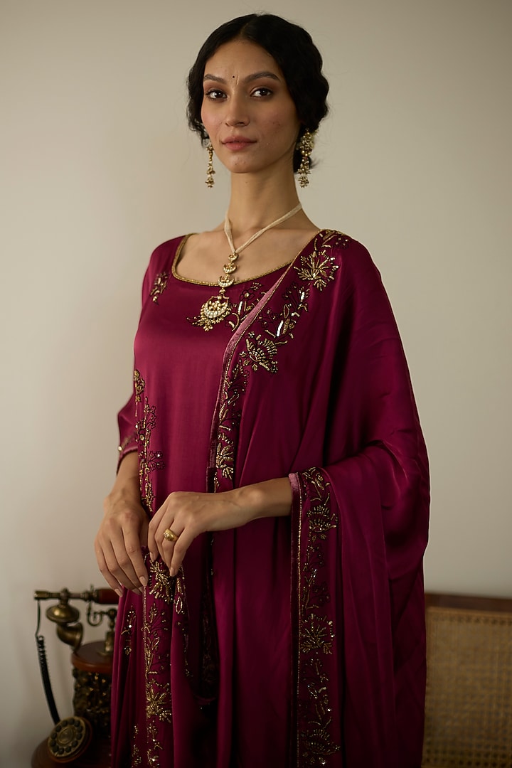 Pink Satin Georgette Hand Embroidered Kaftan Set by Sarang Kaur at Pernia's Pop Up Shop