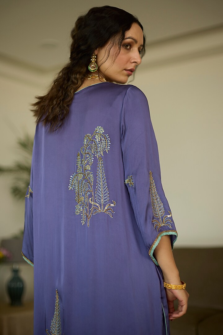 Purple Satin Georgette Hand Embroidered Kurta Set by Sarang Kaur at Pernia's Pop Up Shop