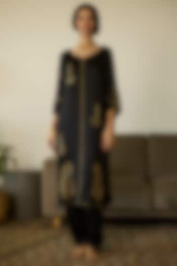 Black Satin Georgette Hand Embroidered Kurta Set by Sarang Kaur at Pernia's Pop Up Shop