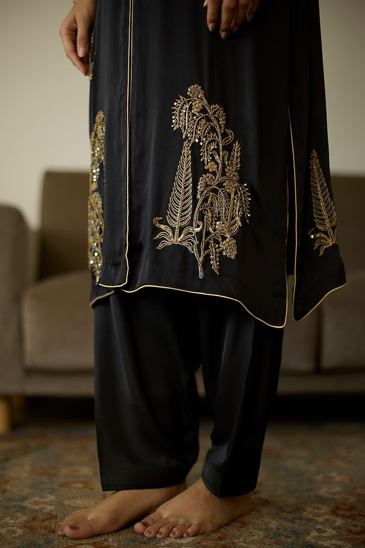 Black Satin Georgette Hand Embroidered Kurta Set by Sarang Kaur at Pernia's Pop Up Shop