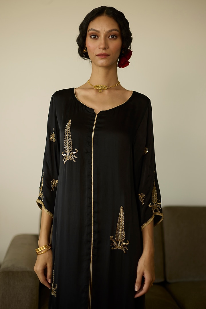 Black Satin Georgette Hand Embroidered Kurta Set by Sarang Kaur at Pernia's Pop Up Shop