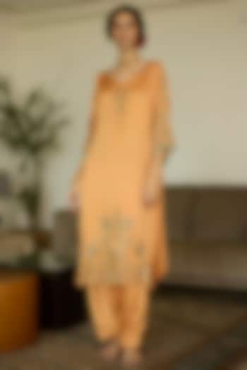 Orange Satin Georgette Hand Embroidered Kurta Set by Sarang Kaur at Pernia's Pop Up Shop