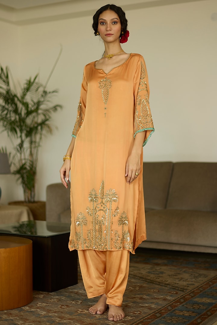 Orange Satin Georgette Hand Embroidered Kurta Set by Sarang Kaur at Pernia's Pop Up Shop