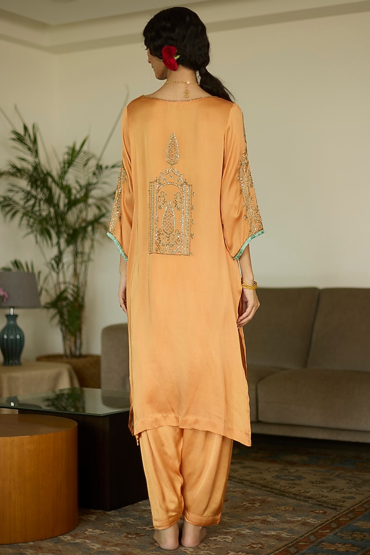 Orange Satin Georgette Hand Embroidered Kurta Set by Sarang Kaur at Pernia's Pop Up Shop