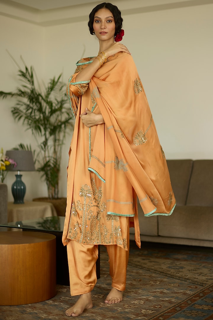 Orange Satin Georgette Hand Embroidered Dupatta by Sarang Kaur at Pernia's Pop Up Shop