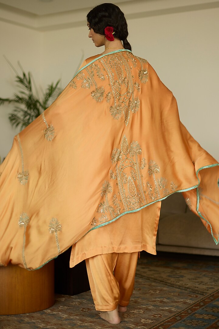 Orange Satin Georgette Hand Embroidered Dupatta by Sarang Kaur at Pernia's Pop Up Shop