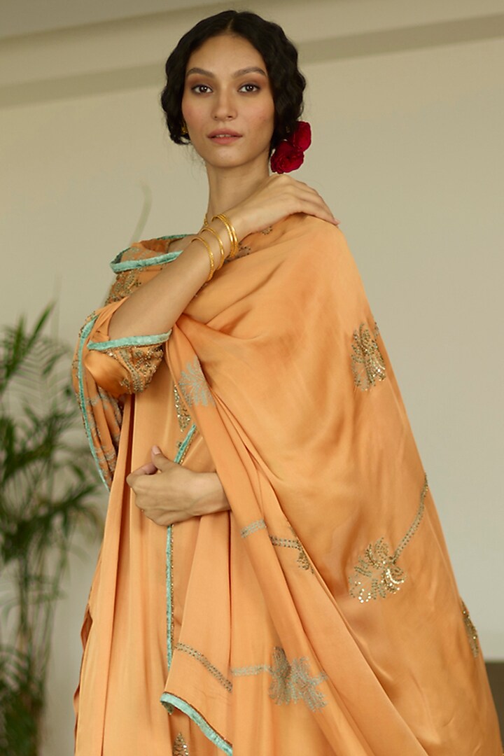 Orange Satin Georgette Hand Embroidered Dupatta by Sarang Kaur at Pernia's Pop Up Shop