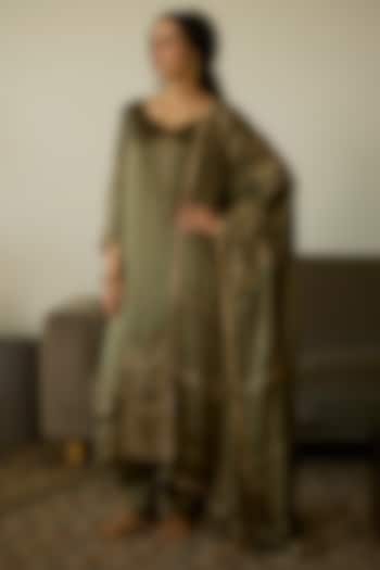 Green Satin Georgette Hand Embroidered Dupatta by Sarang Kaur at Pernia's Pop Up Shop