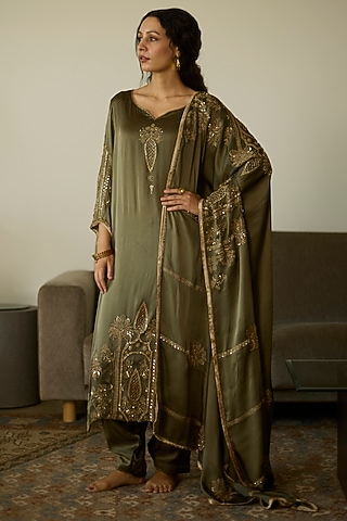Green Satin Georgette Hand Embroidered Dupatta by Sarang Kaur
