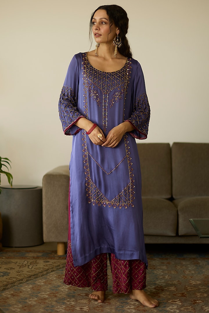 Purple Satin Georgette Hand Embroidered Kurta Set by Sarang Kaur at Pernia's Pop Up Shop