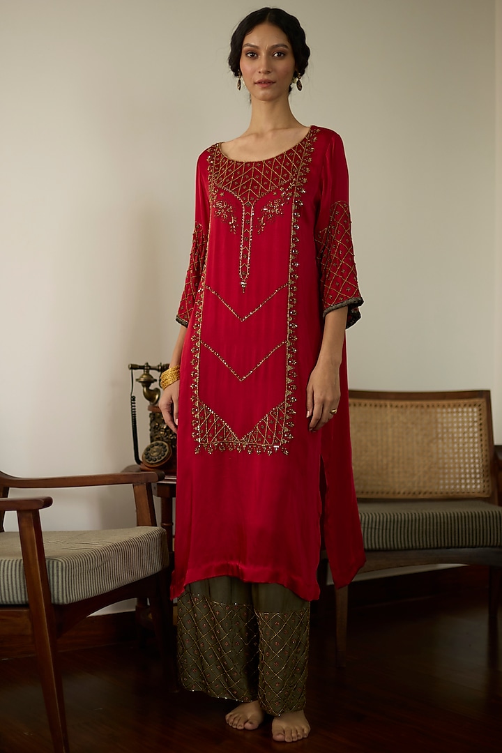 Red Satin Georgette Hand Embroidered Kurta Set by Sarang Kaur at Pernia's Pop Up Shop