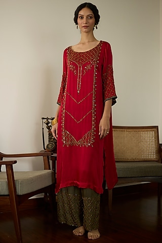 Red Satin Georgette Hand Embroidered Kurta Set by Sarang Kaur