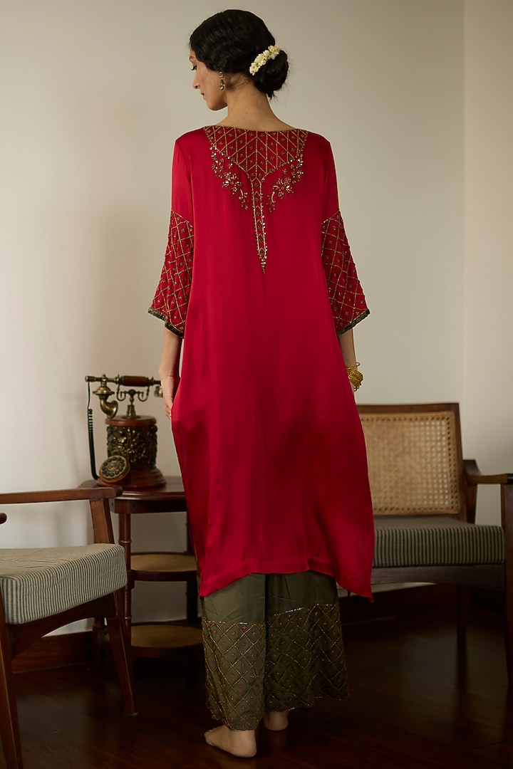 Red Satin Georgette Hand Embroidered Kurta Set by Sarang Kaur at Pernia's Pop Up Shop