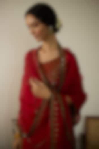 Red Satin Georgette Hand Embroidered Dupatta by Sarang Kaur at Pernia's Pop Up Shop