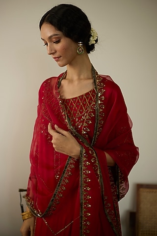 Red Satin Georgette Hand Embroidered Dupatta by Sarang Kaur