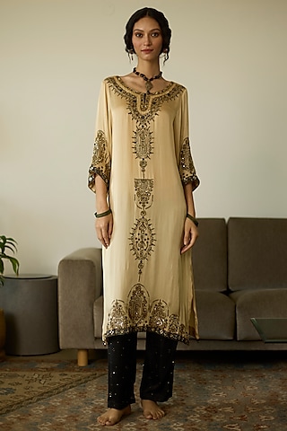 Beige Satin Georgette Hand Embroidered Kurta Set by Sarang Kaur