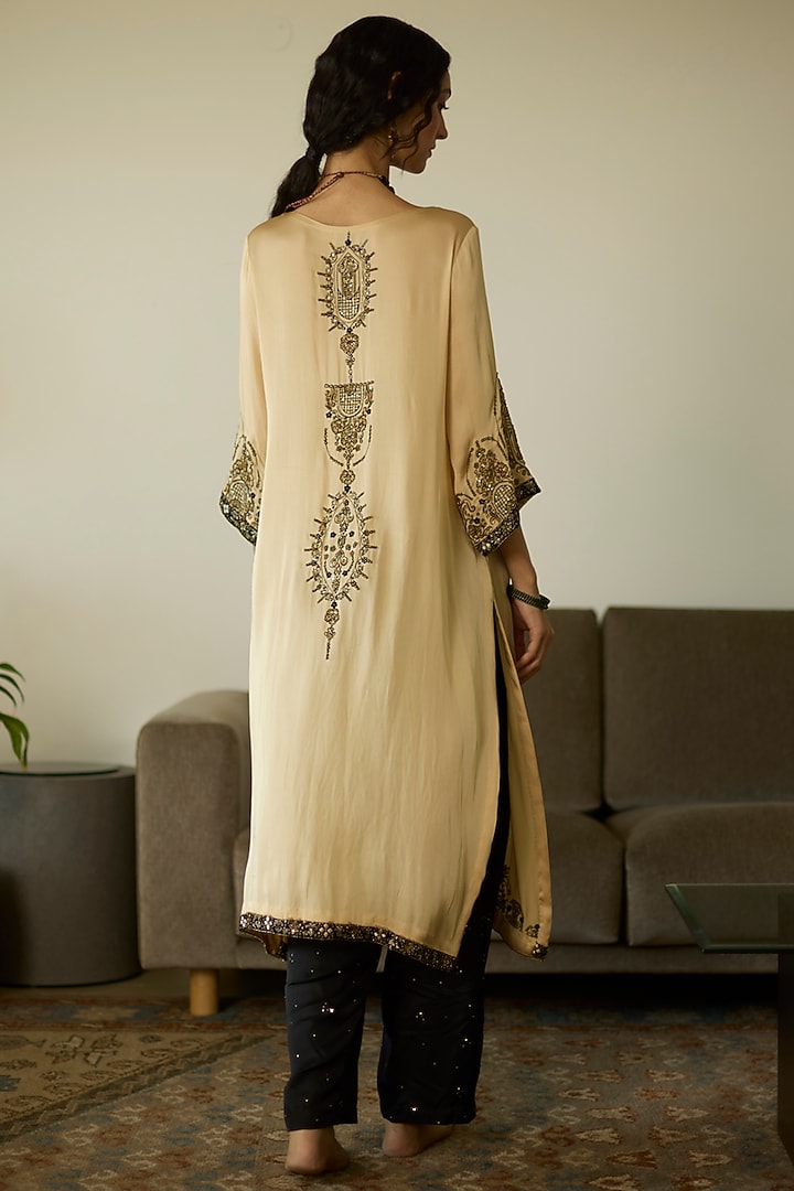 Beige Satin Georgette Hand Embroidered Kurta Set by Sarang Kaur at Pernia's Pop Up Shop