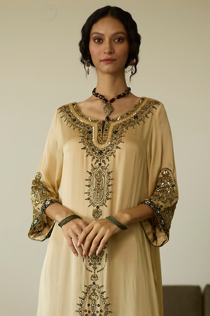 Beige Satin Georgette Hand Embroidered Kurta Set by Sarang Kaur at Pernia's Pop Up Shop