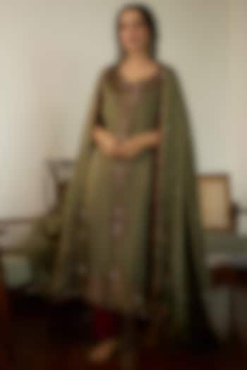 Green Satin Georgette Hand Embroidered Dupatta by Sarang Kaur at Pernia's Pop Up Shop