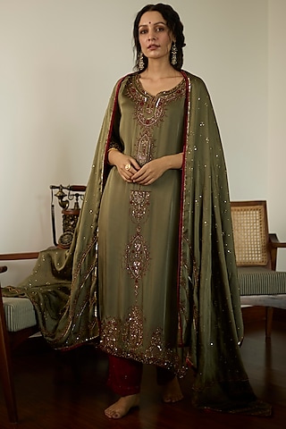 Green Satin Georgette Hand Embroidered Dupatta by Sarang Kaur