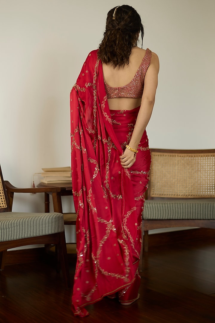 Red Satin Georgette Hand Embroidered Reception Saree Set by Sarang Kaur at Pernia's Pop Up Shop