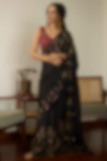 Black Satin Georgette Hand Embroidered Reception Saree Set by Sarang Kaur at Pernia's Pop Up Shop