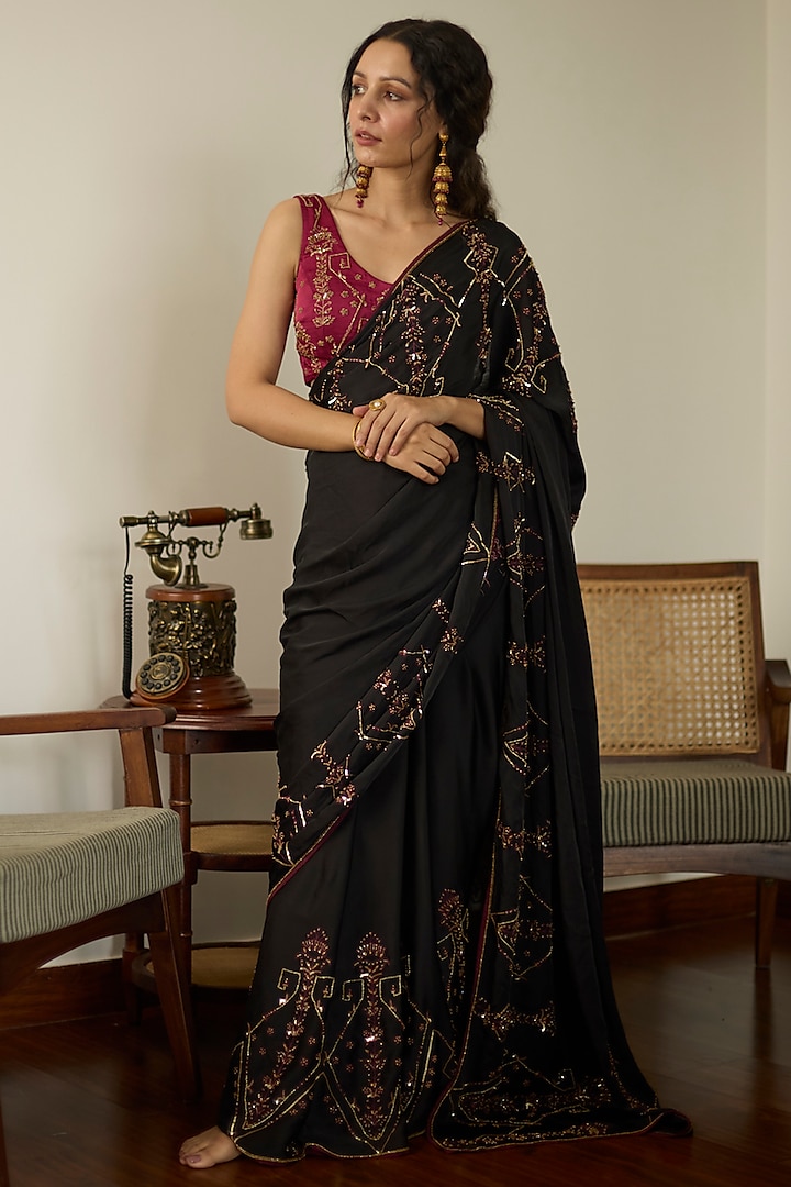 Black Satin Georgette Hand Embroidered Reception Saree Set by Sarang Kaur at Pernia's Pop Up Shop