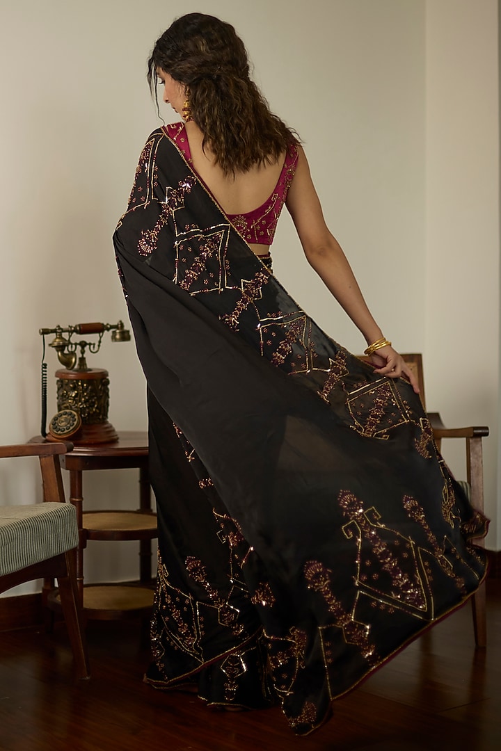 Black Satin Georgette Hand Embroidered Reception Saree Set by Sarang Kaur at Pernia's Pop Up Shop