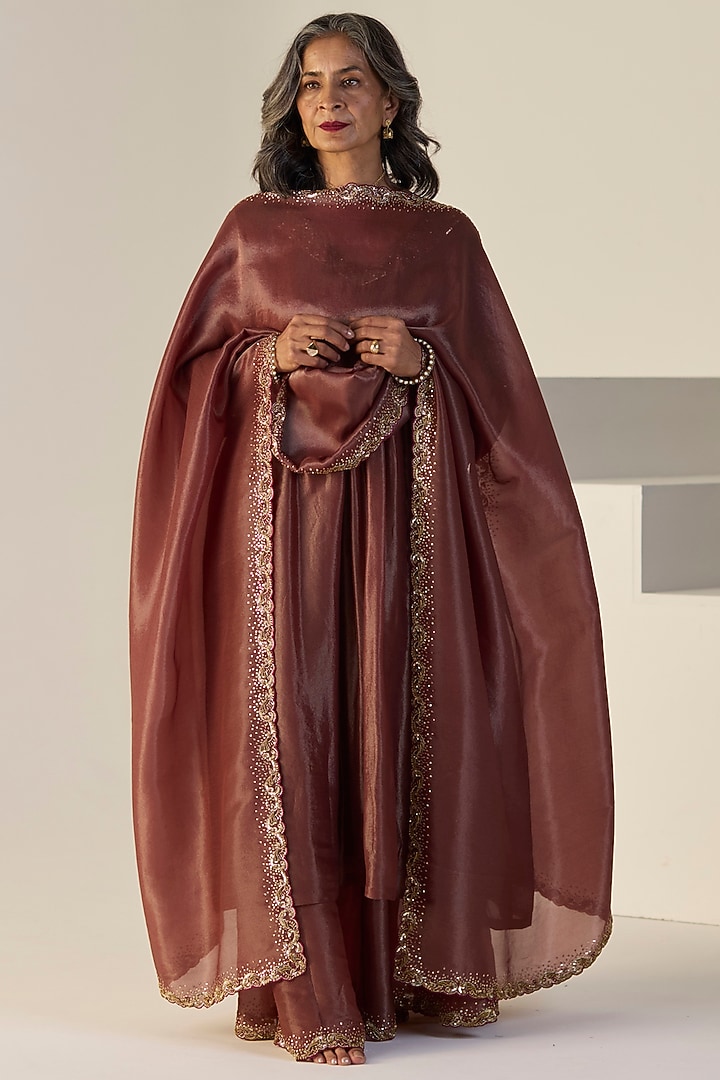 Rust Tissue Silk Hand Embroidered Wedding Lehenga Set by Sarang Kaur at Pernia's Pop Up Shop