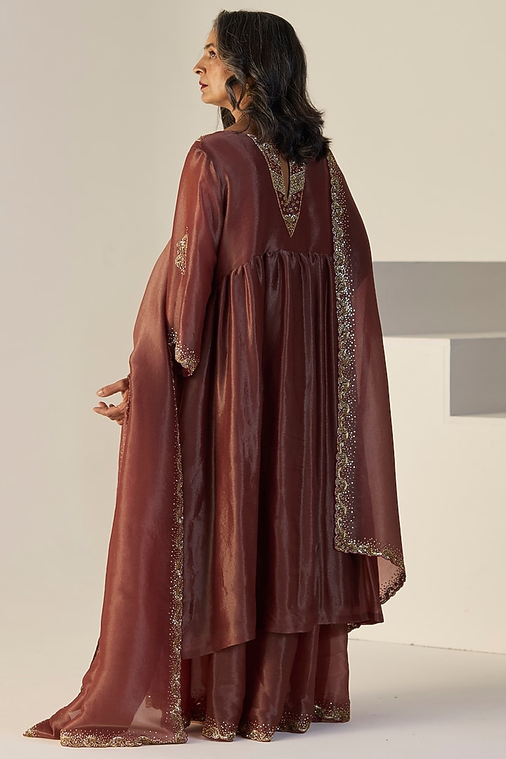 Rust Tissue Silk Hand Embroidered Wedding Lehenga Set by Sarang Kaur at Pernia's Pop Up Shop