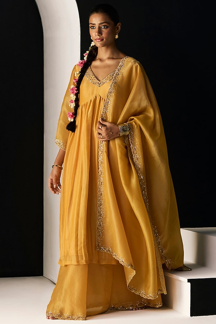 Yellow Tissue Silk Hand Embroidered Wedding Lehenga Set by Sarang Kaur at Pernia's Pop Up Shop
