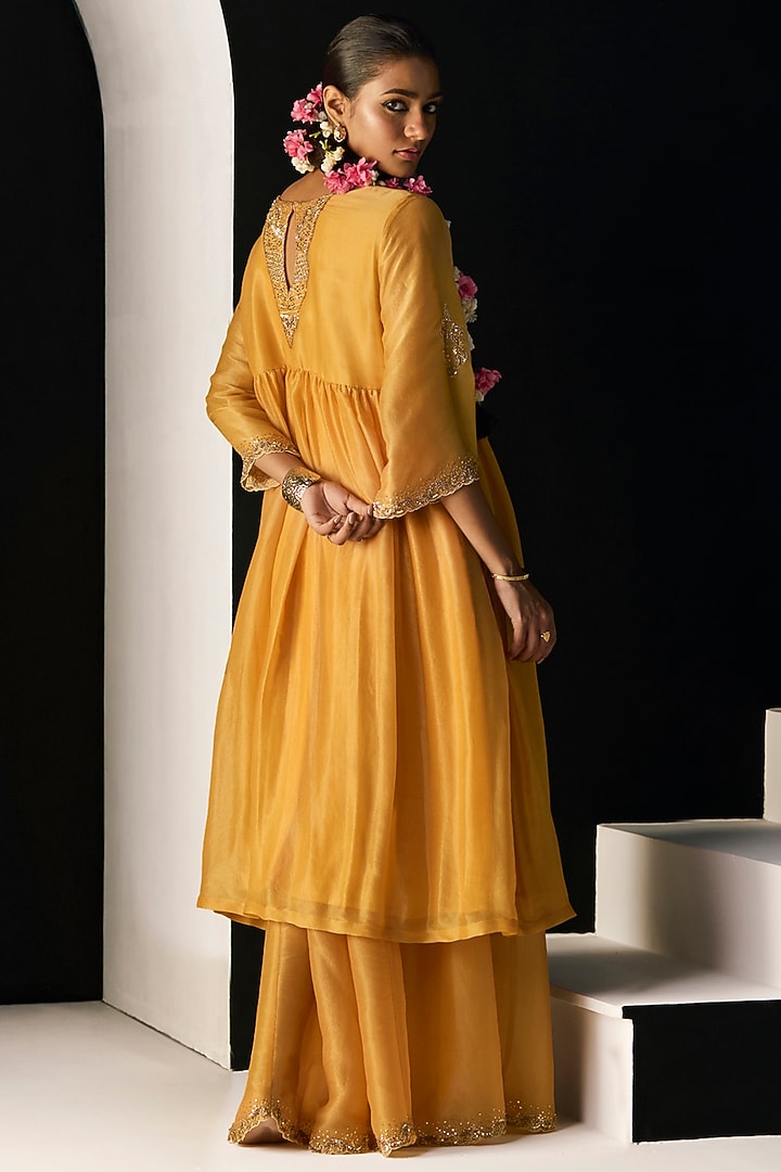 Yellow Tissue Silk Hand Embroidered Wedding Lehenga Set by Sarang Kaur at Pernia's Pop Up Shop