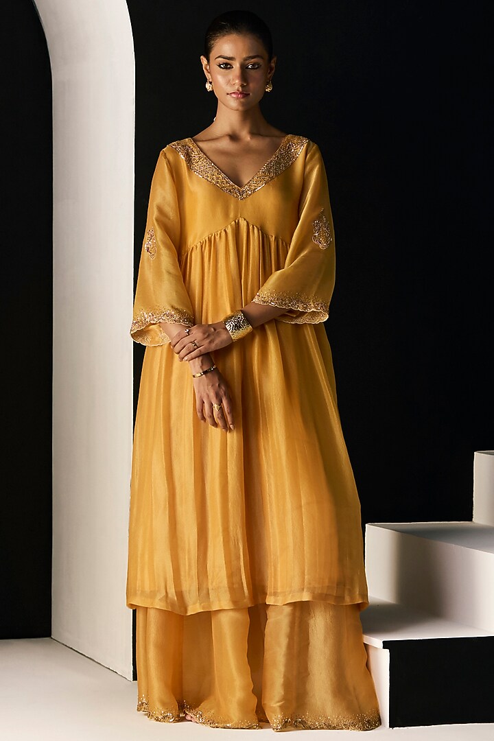 Yellow Tissue Silk Hand Embroidered Wedding Lehenga Set by Sarang Kaur at Pernia's Pop Up Shop