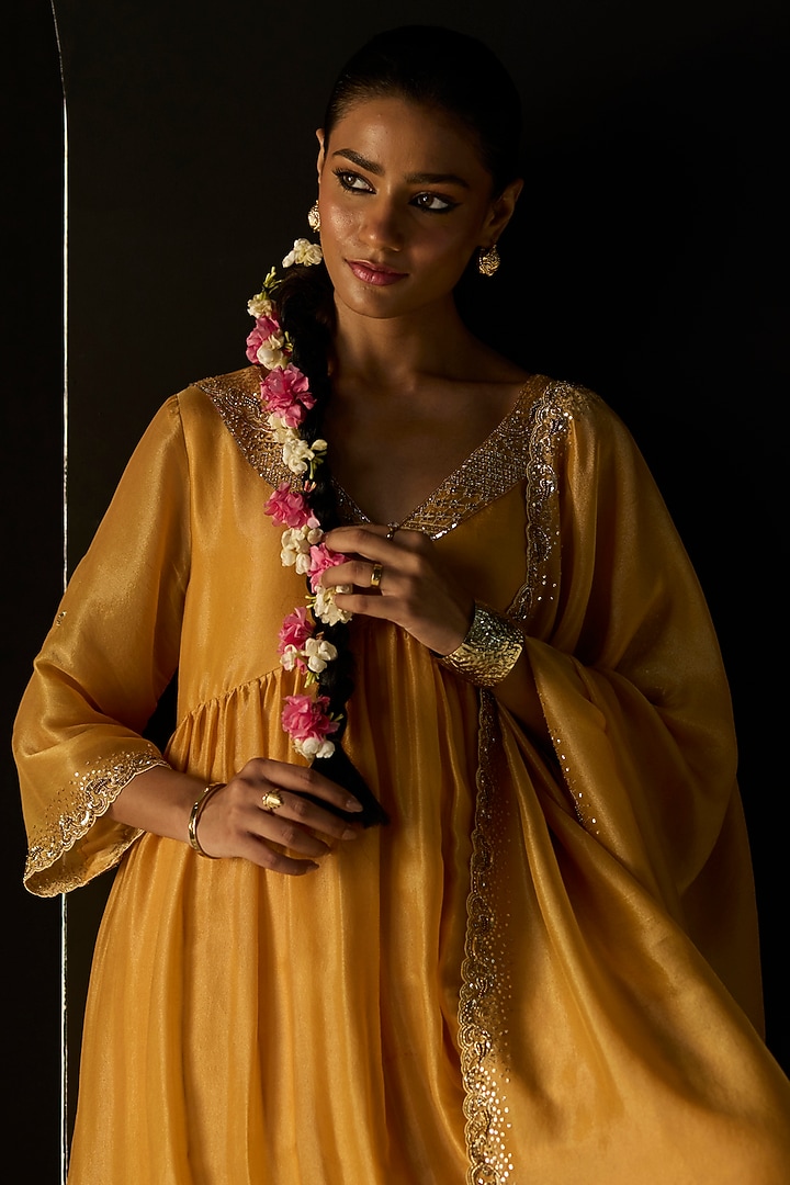 Yellow Tissue Silk Hand Embroidered Wedding Lehenga Set by Sarang Kaur at Pernia's Pop Up Shop