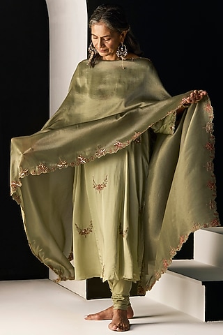 Green Satin Silk Hand Embroidered Kurta Set by Sarang Kaur
