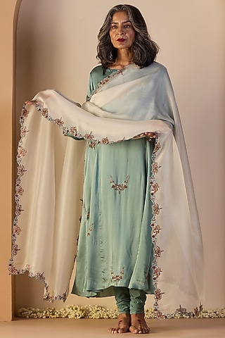 Blue Satin Silk Hand Embroidered Kurta Set by Sarang Kaur