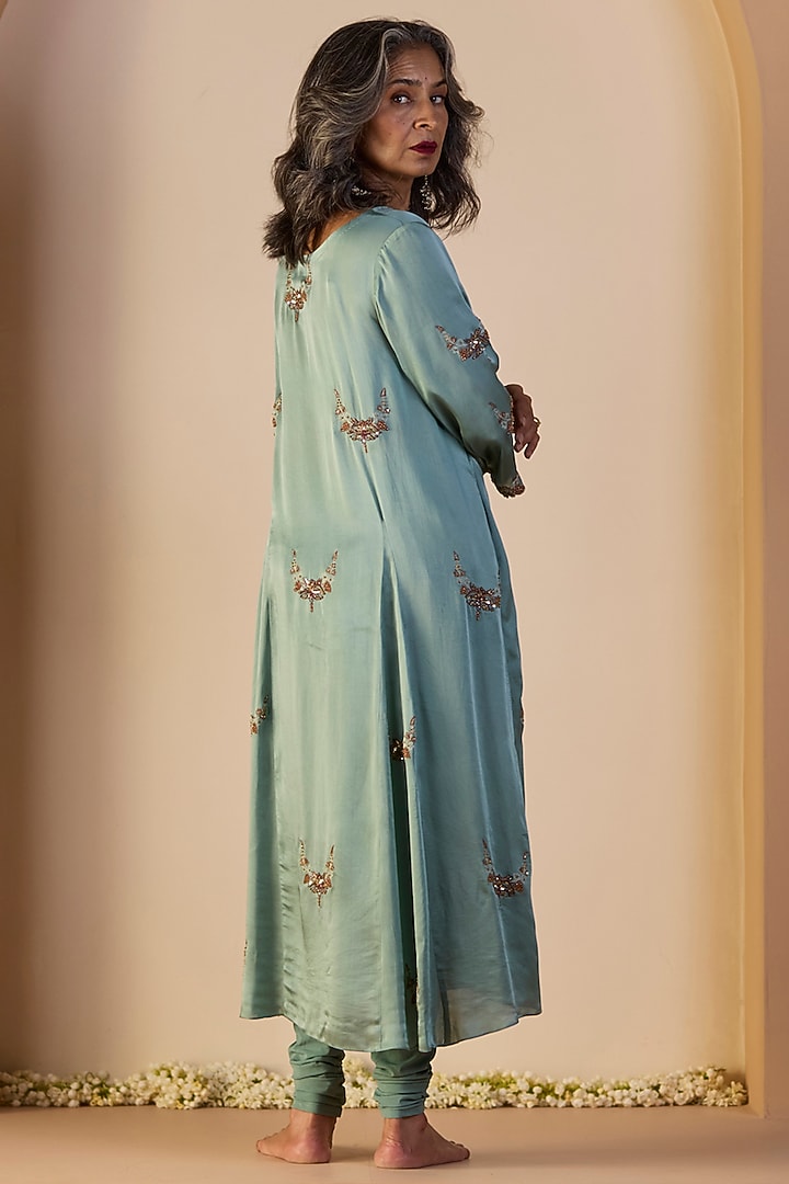 Blue Satin Silk Hand Embroidered Kurta Set by Sarang Kaur at Pernia's Pop Up Shop