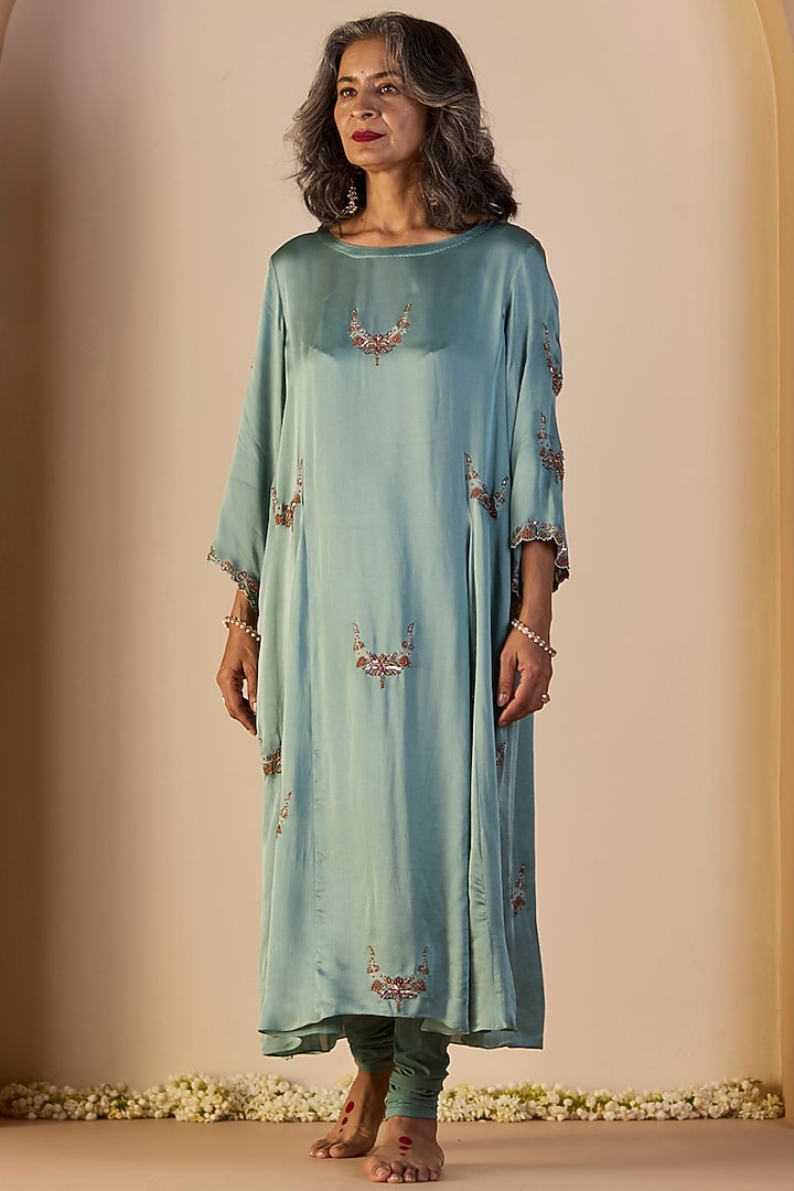 Blue Satin Silk Hand Embroidered Kurta Set by Sarang Kaur at Pernia's Pop Up Shop