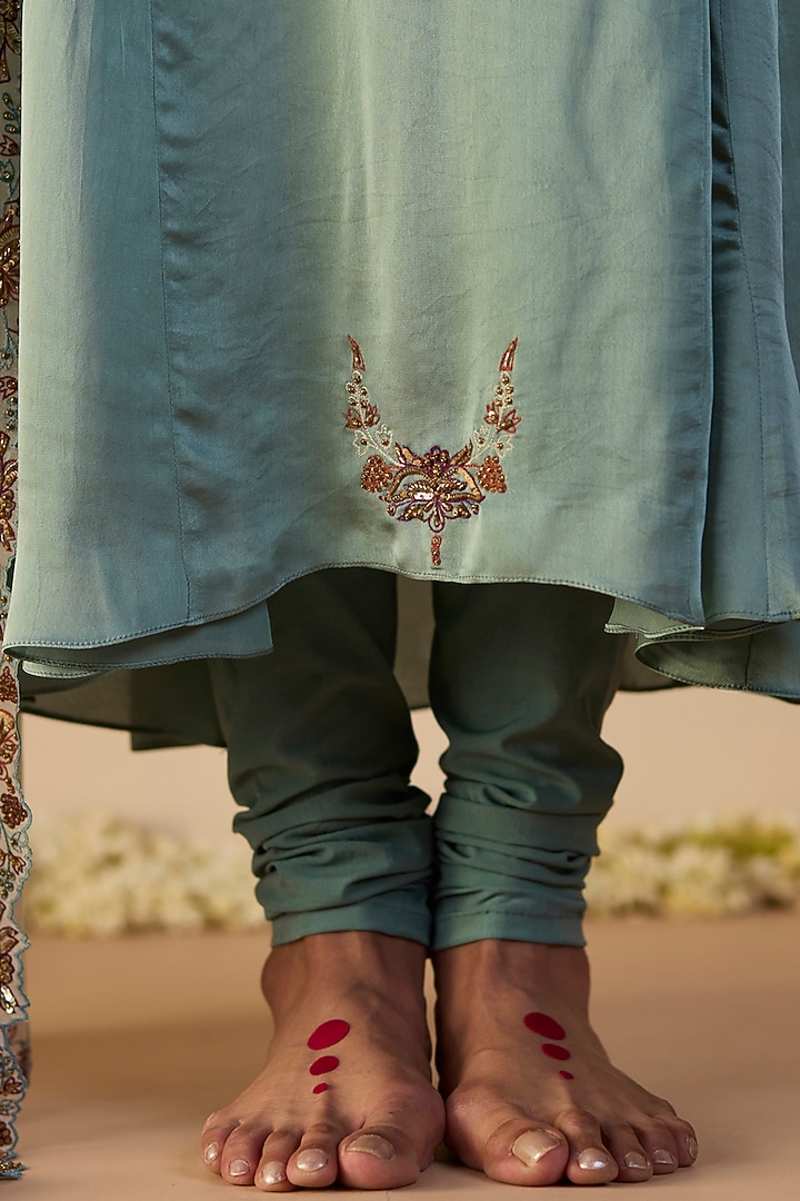 Blue Satin Silk Hand Embroidered Kurta Set by Sarang Kaur at Pernia's Pop Up Shop