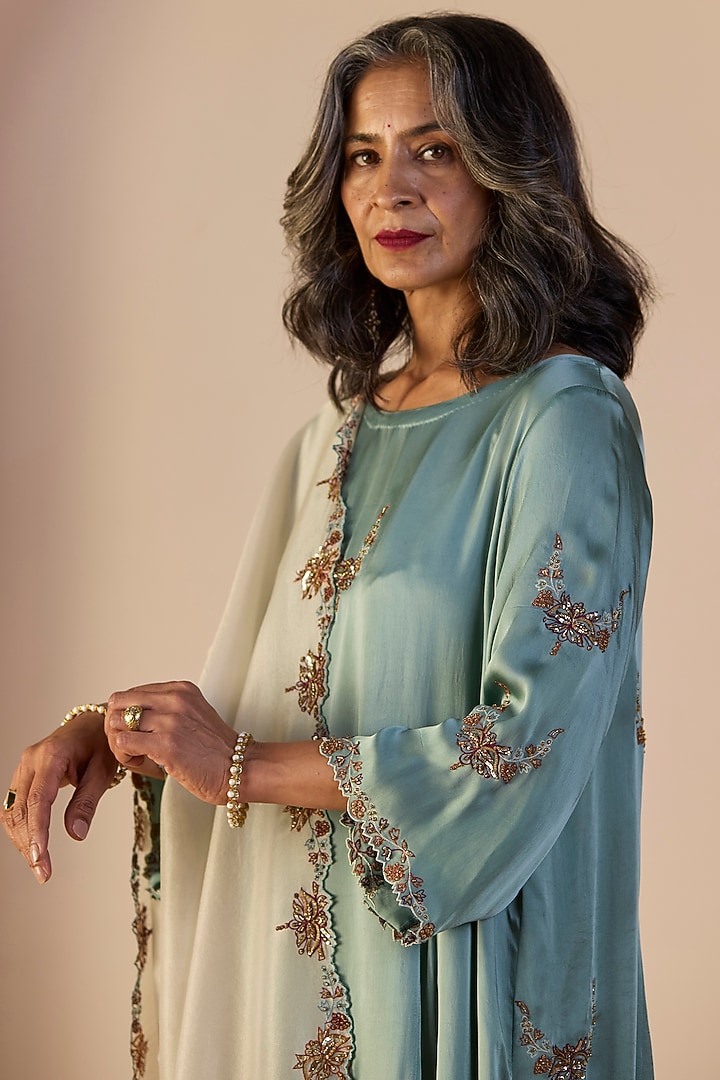 Blue Satin Silk Hand Embroidered Kurta Set by Sarang Kaur at Pernia's Pop Up Shop