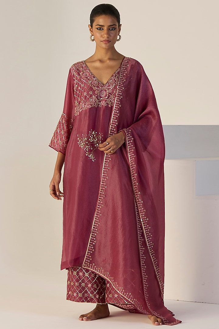 Purple Tissue Silk Hand Embroidered Kurta Set by Sarang Kaur at Pernia's Pop Up Shop