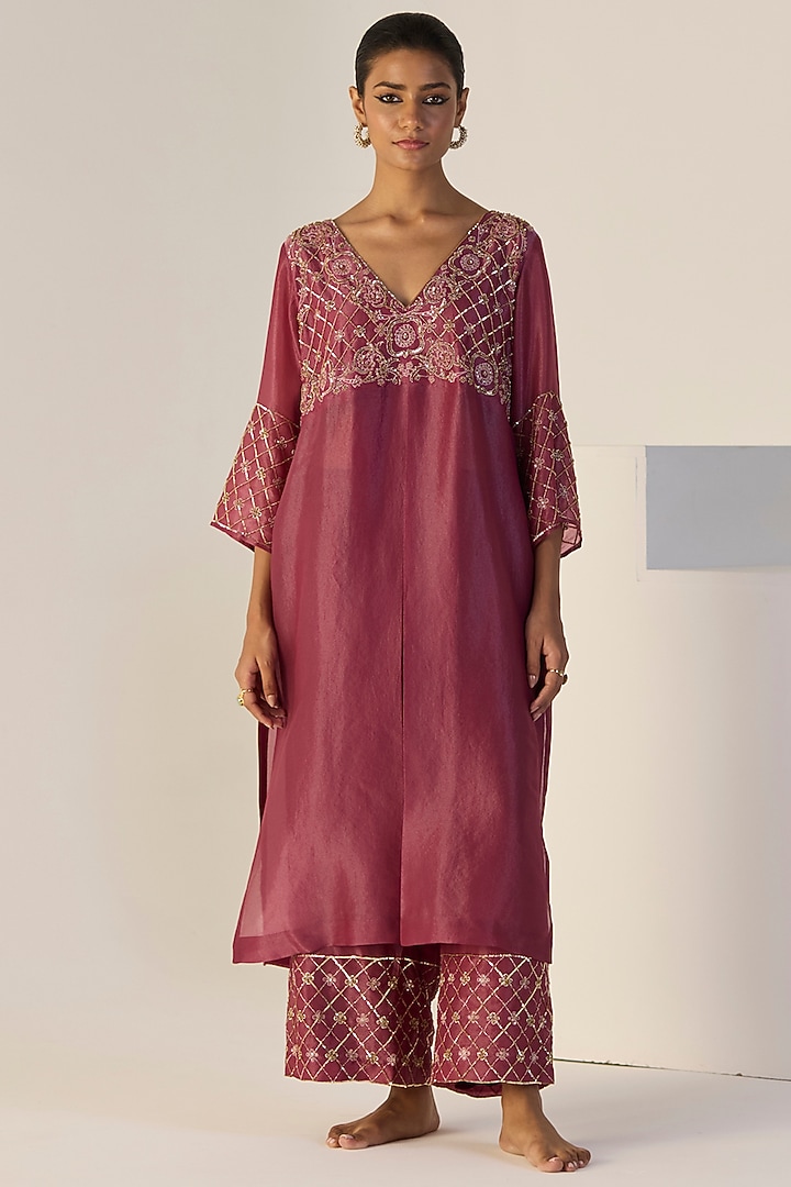 Purple Tissue Silk Hand Embroidered Kurta Set by Sarang Kaur at Pernia's Pop Up Shop