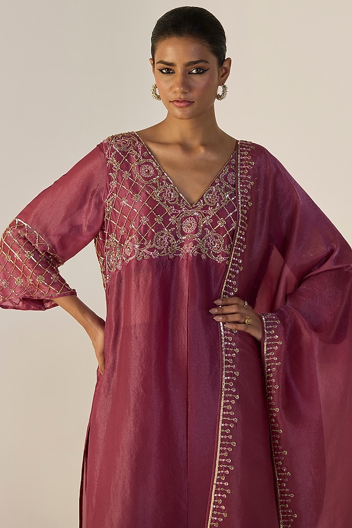 Purple Tissue Silk Hand Embroidered Kurta Set by Sarang Kaur at Pernia's Pop Up Shop