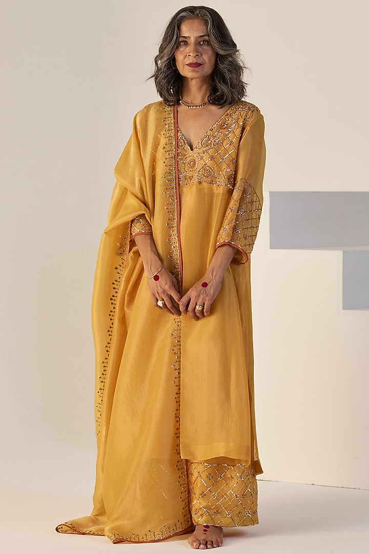 Yellow Tissue Silk Hand Embroidered Kurta Set by Sarang Kaur at Pernia's Pop Up Shop