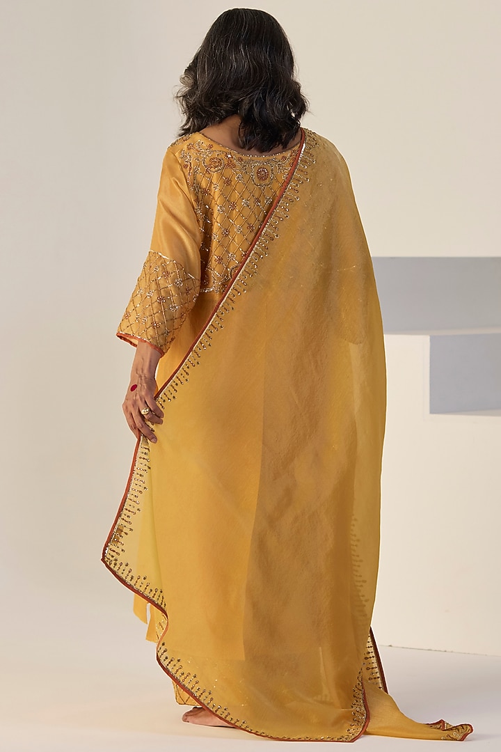 Yellow Tissue Silk Hand Embroidered Kurta Set by Sarang Kaur at Pernia's Pop Up Shop