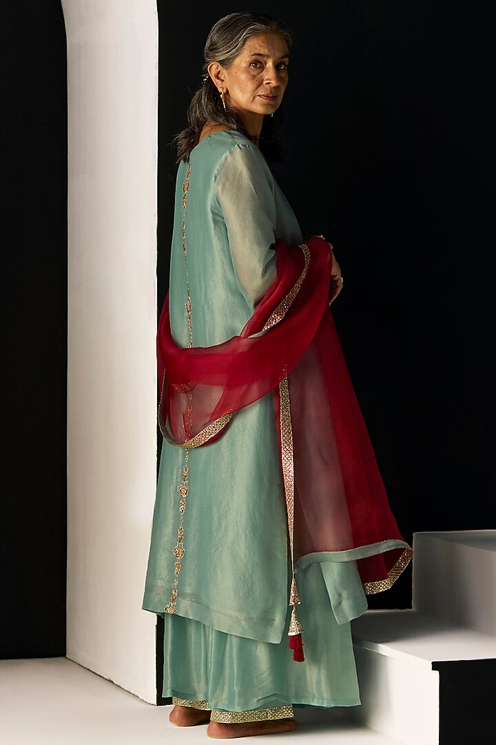 Blue Tissue Silk Hand Embroidered Kurta Set by Sarang Kaur at Pernia's Pop Up Shop