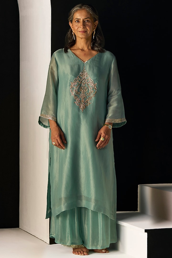 Blue Tissue Silk Hand Embroidered Kurta Set by Sarang Kaur at Pernia's Pop Up Shop