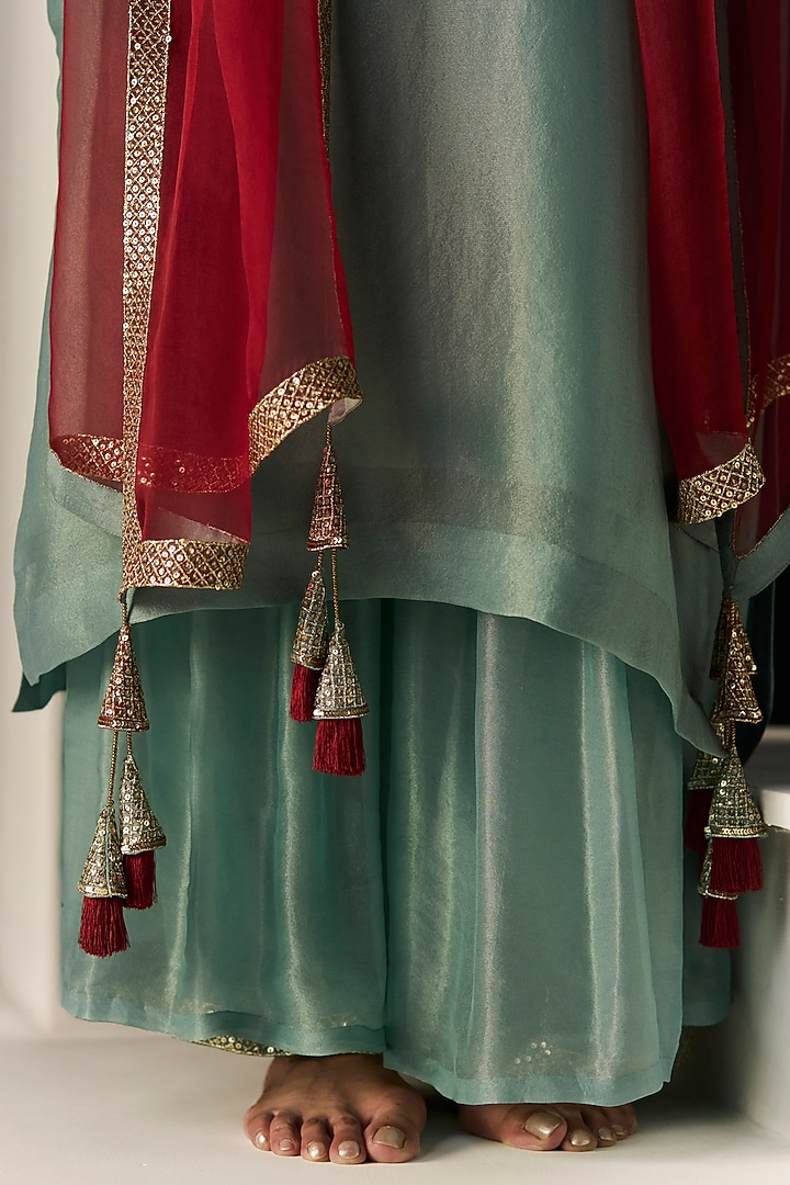 Blue Tissue Silk Hand Embroidered Kurta Set by Sarang Kaur at Pernia's Pop Up Shop