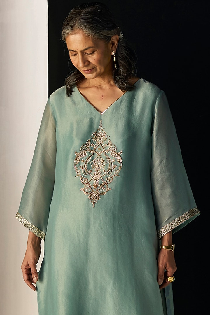Blue Tissue Silk Hand Embroidered Kurta Set by Sarang Kaur at Pernia's Pop Up Shop